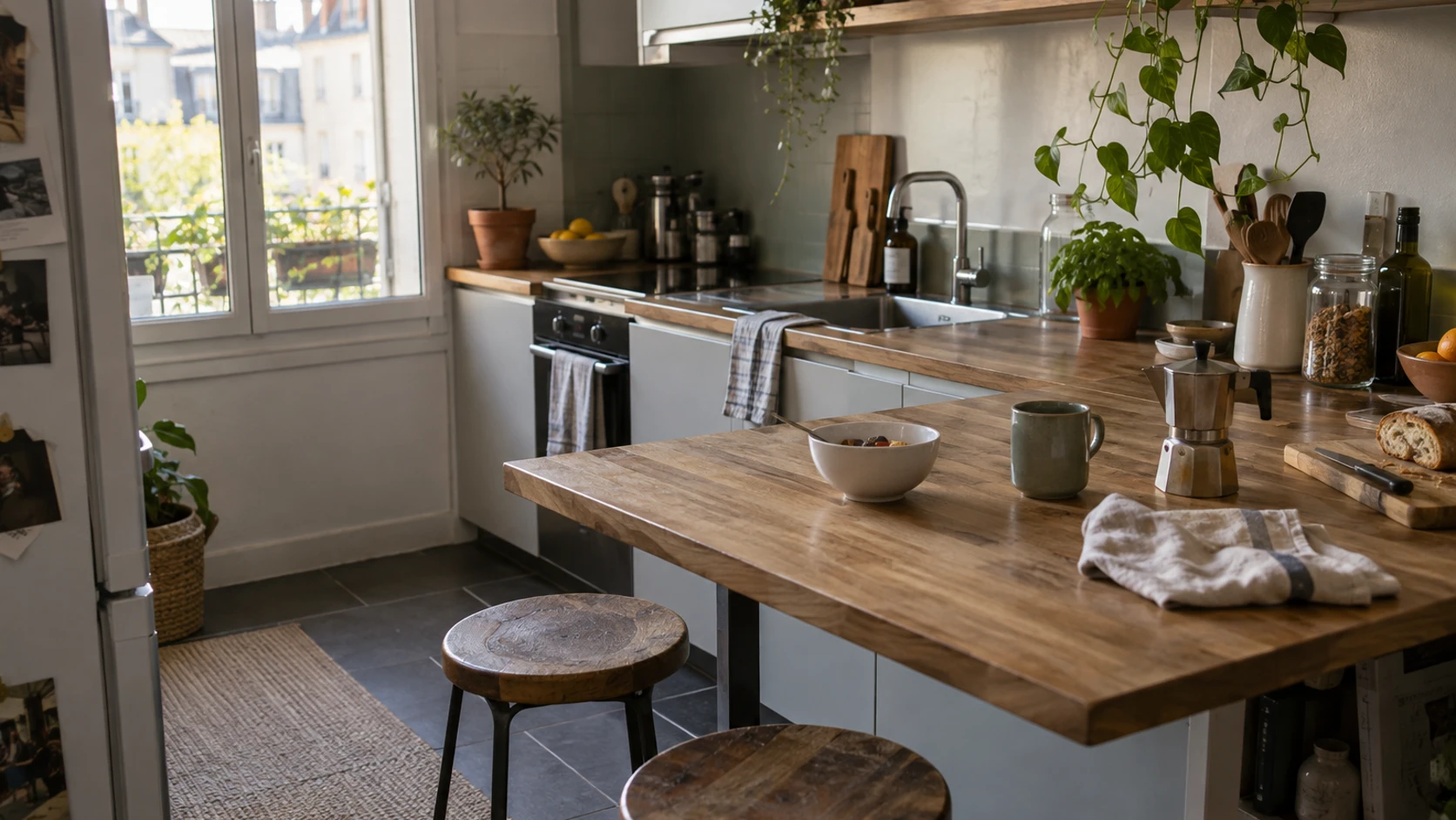 Cuisine optimisée avec une table intégrée au plan de travail