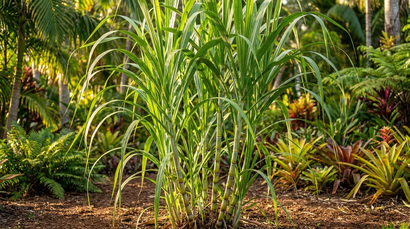 Un plan de canne à sucre vigoureux au centre d'un jardin tropical luxuriant éclairé par la lumière du soleil.