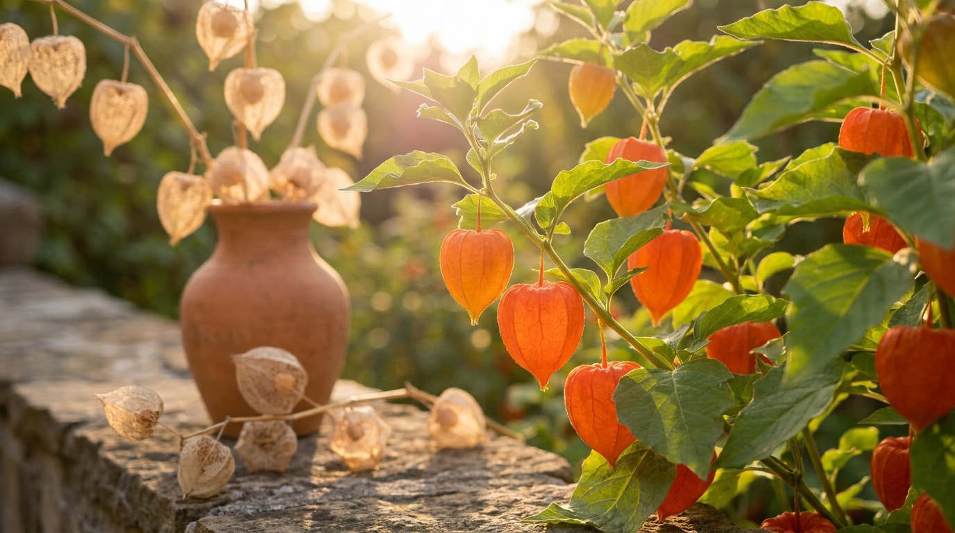 Pied d'amour en cage aux fruits orange vif à côté d'un vase en terre cuite avec des fleurs séchées au soleil.