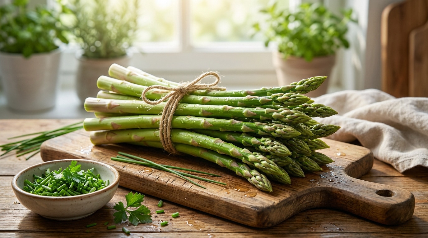 Une botte d'asperges vertes attachées par une ficelle, posée sur une planche à découper en bois avec des herbes fraîches.