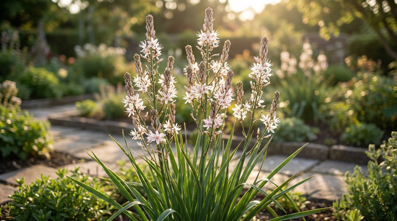 Fleurs d'asphodèle blanches aux tiges élancées dans un jardin ensoleillé.
