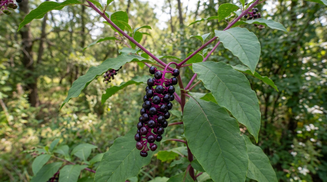 Grappe de baies noires toxiques du Raisin d'Amérique sur une tige pourpre au milieu d'un sous-bois.