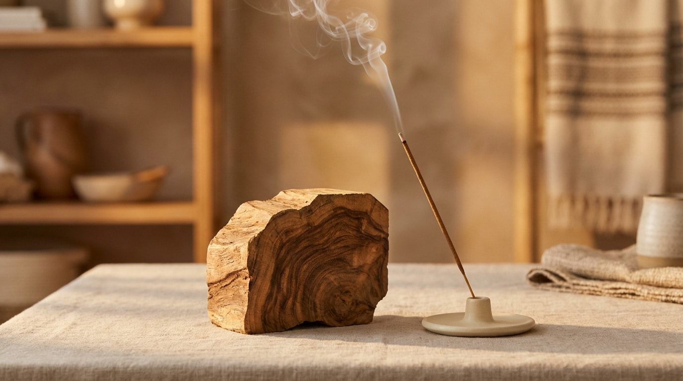 Un bâton d'encens qui brûle à côté d'un morceau de bois brut dans une pièce à l'ambiance zen.