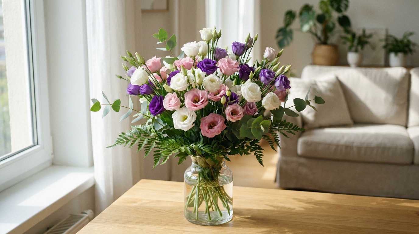 Un magnifique bouquet de lisianthus blancs, roses et violets dans un vase en verre sur une table en bois.