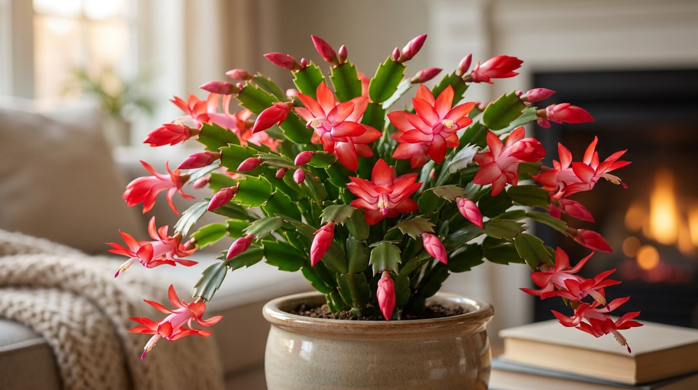 Un cactus de Noël avec des fleurs rouges éclatantes dans un pot en céramique, posé dans un salon chaleureux.