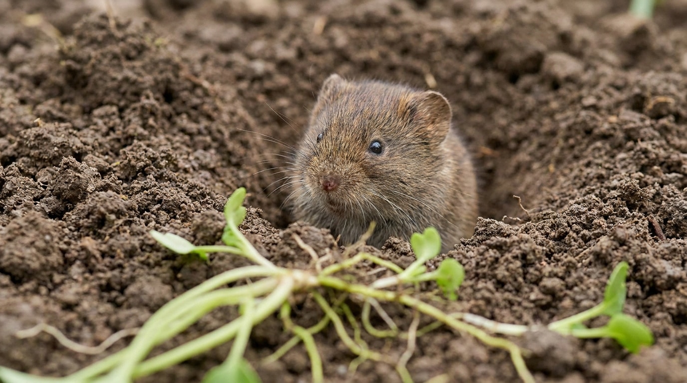 Un campagnol sortant de son terrier dans la terre d'un jardin potager.