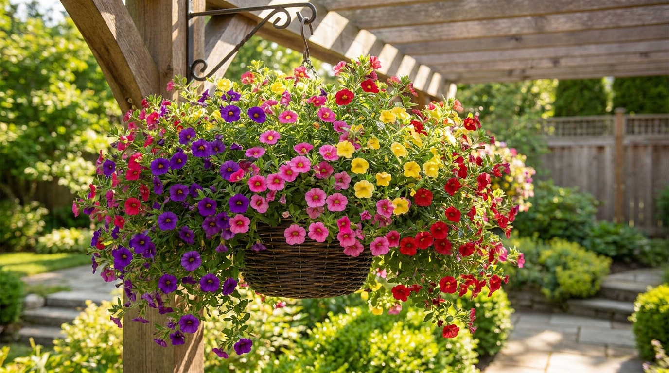 Panier suspendu rempli de fleurs de calibrachoa multicolores dans un jardin ensoleillé.