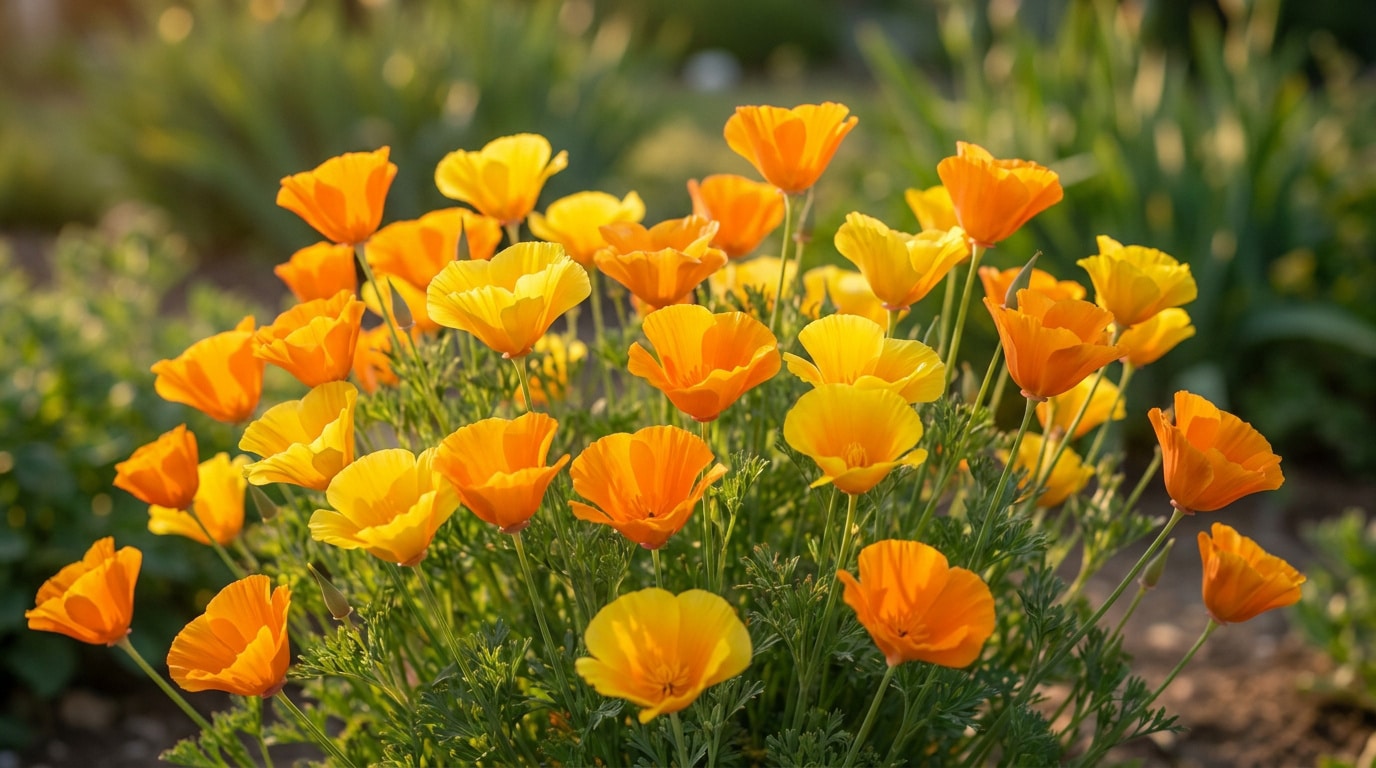 Un magnifique bouquet de pavots de Californie aux pétales orange et jaunes vibrants sous la lumière dorée.