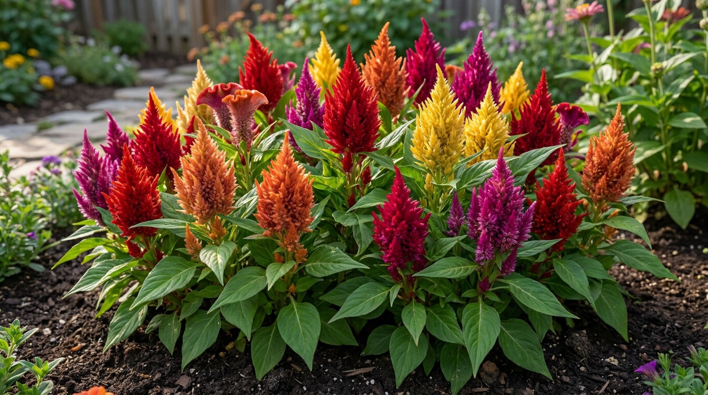Un massif de célosies aux fleurs plumeuses multicolores dans un jardin ensoleillé.