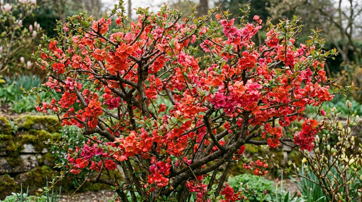 Un cognassier du Japon aux fleurs rouge vif en pleine floraison dans un jardin printanier.