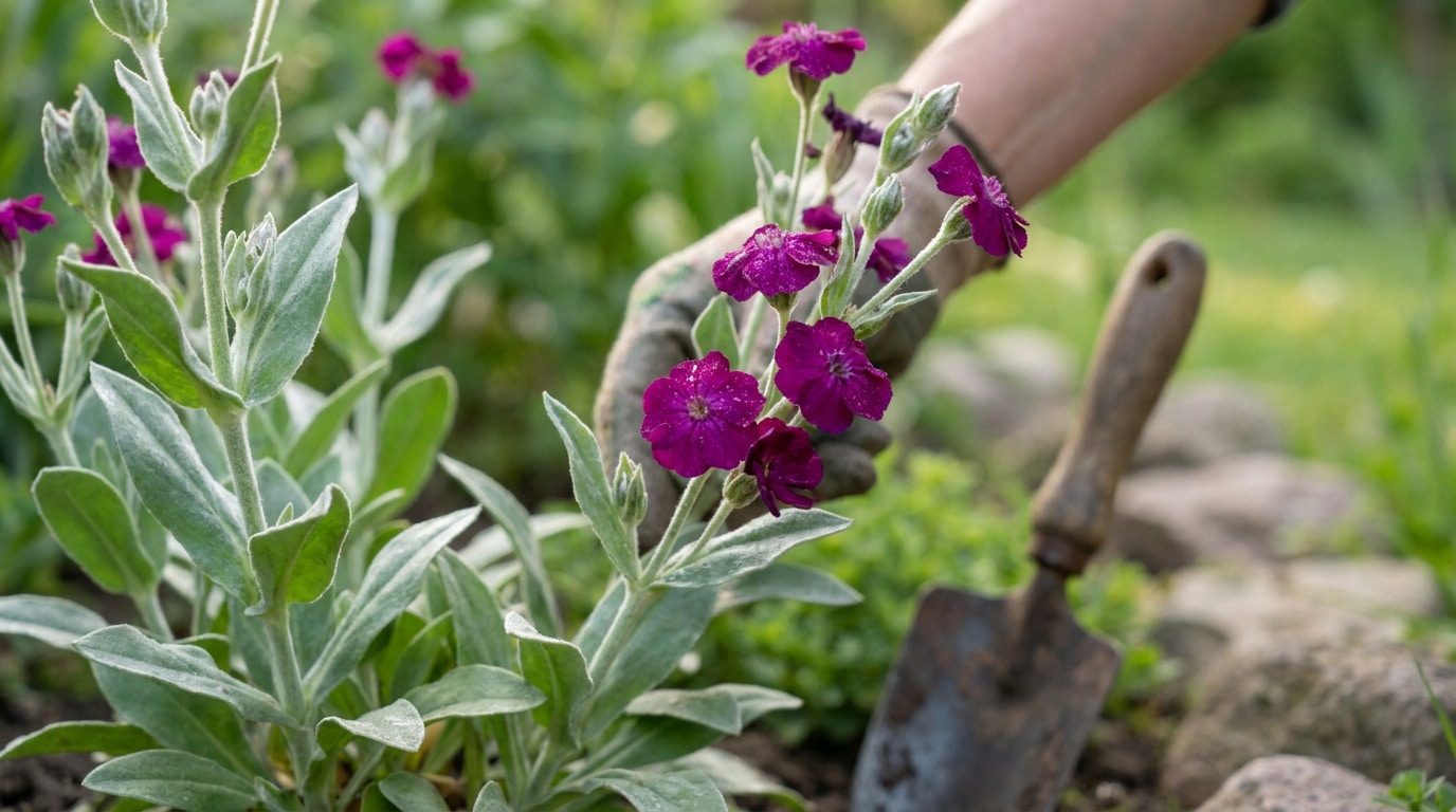 Une main gantée prend soin d'une coquelourde aux fleurs violettes dans un jardin avec une petite pelle à proximité.