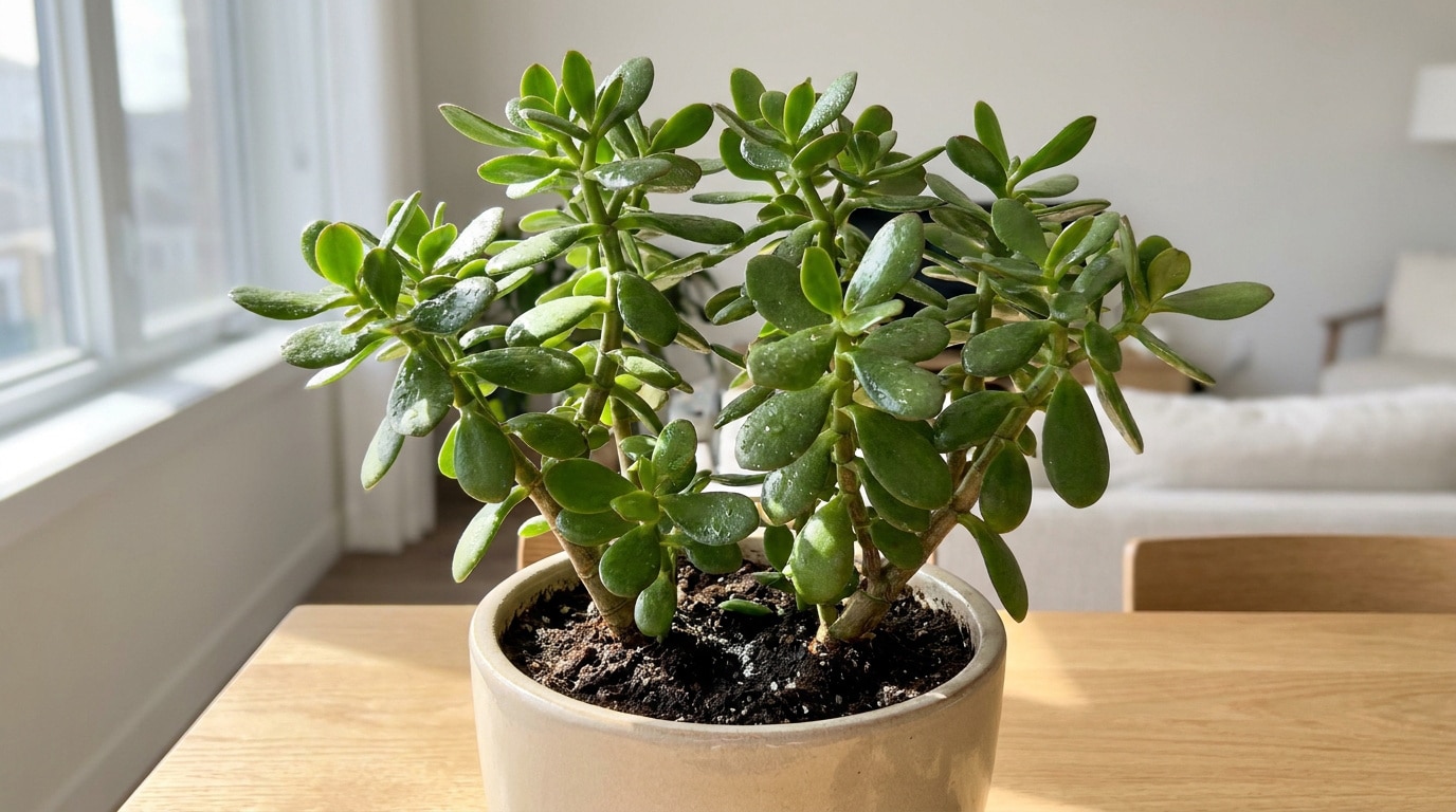 Un arbre de jade en pot posé sur une table en bois clair, avec une lumière naturelle provenant d'une fenêtre latérale.