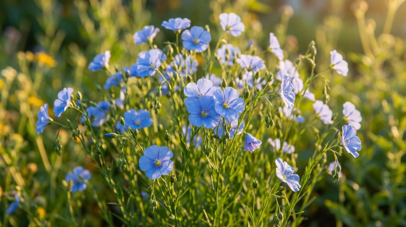Gros plan sur des fleurs de lin bleu ciel délicates dans un jardin ensoleillé.