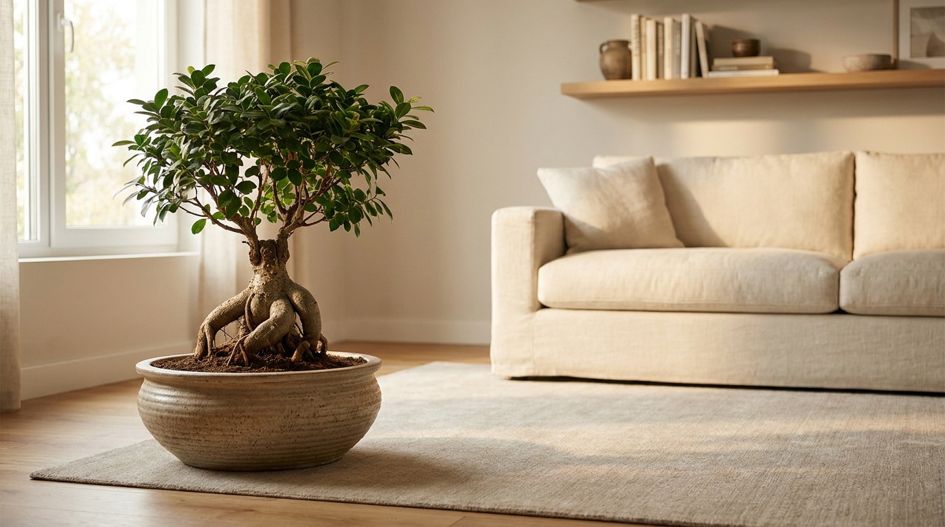 Un bonsaï Ficus Ginseng dans un pot en céramique posé sur un tapis dans un salon lumineux et épuré.