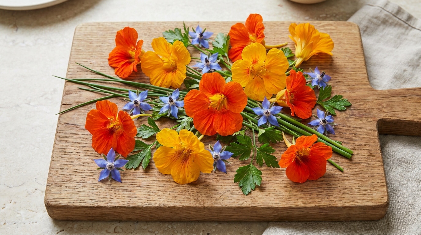 Mélange de fleurs comestibles colorées, capucines et bourraches, disposées sur une planche à découper en bois.