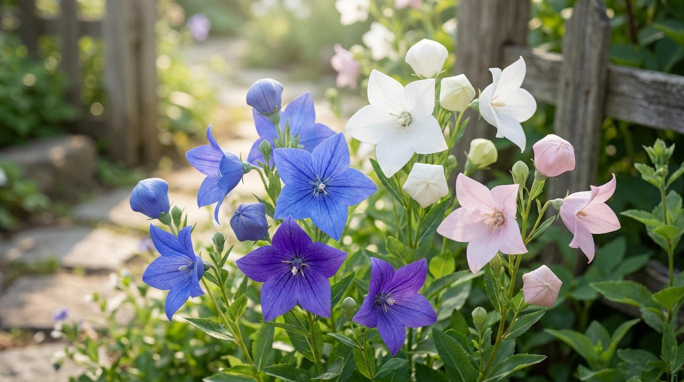 Gros plan sur des fleurs de Platycodon bleues, blanches et roses dans un jardin ensoleillé près d'une clôture.