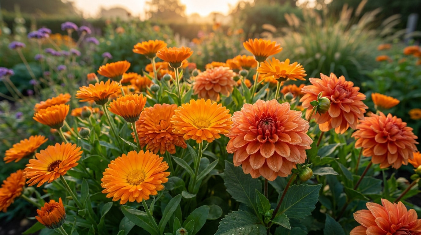Un parterre de fleurs orange vives, incluant des soucis et des dahlias, sous une douce lumière dorée au coucher du soleil.