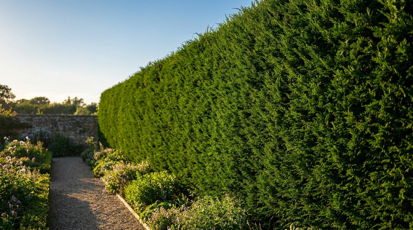 Une haie dense et haute de cyprès de Leyland borde un sentier en gravier dans un jardin ensoleillé.