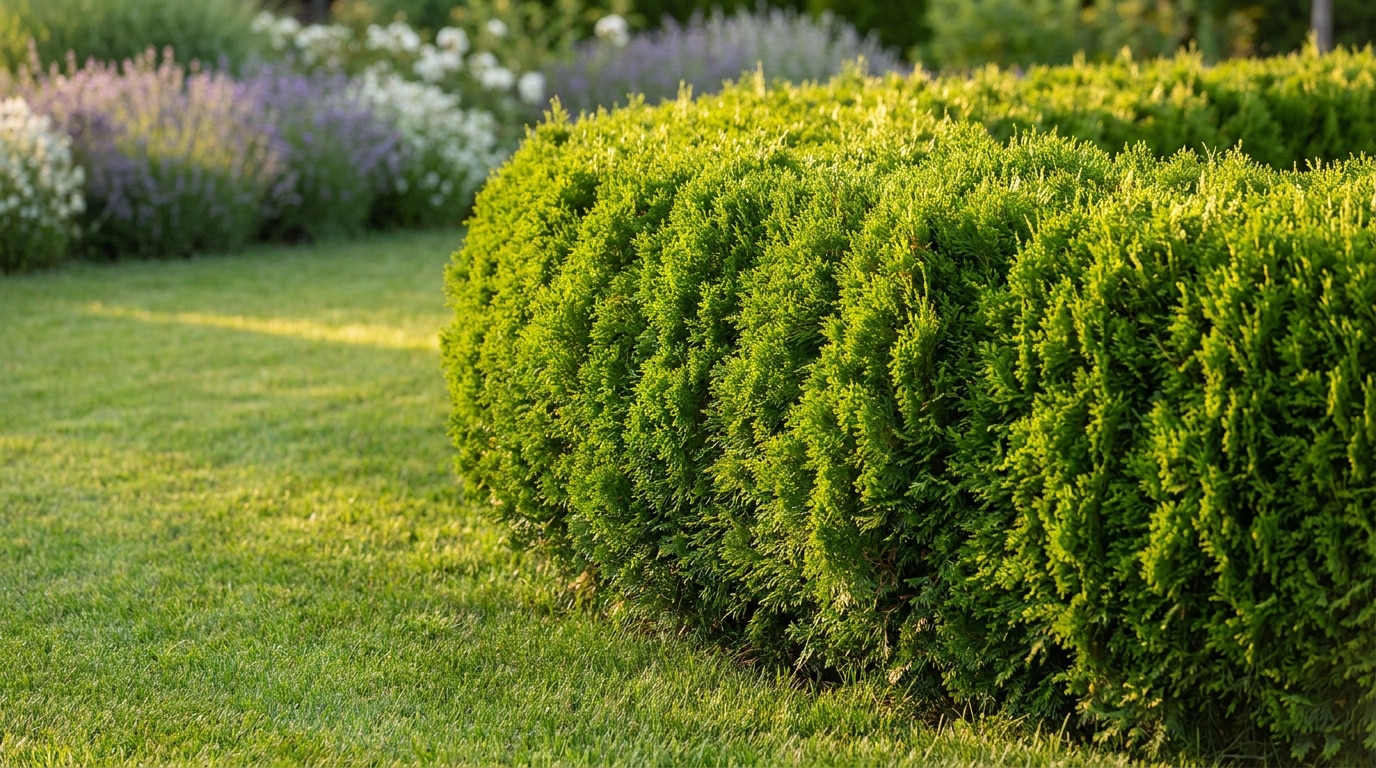 Une haie de thuyas verte et bien taillée bordant une pelouse avec des fleurs en arrière-plan.