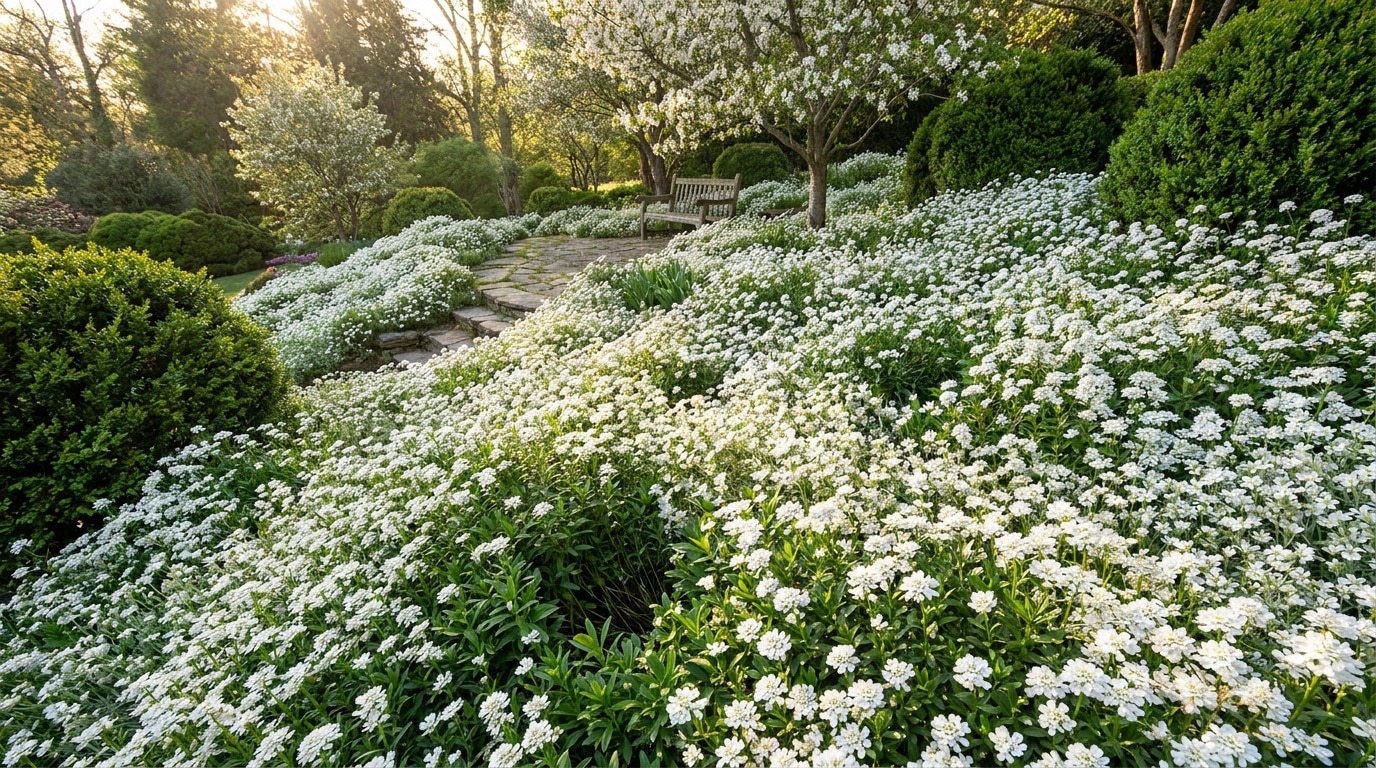 Un jardin printanier luxuriant recouvert de fleurs blanches de corbeille d'argent avec un banc en bois.