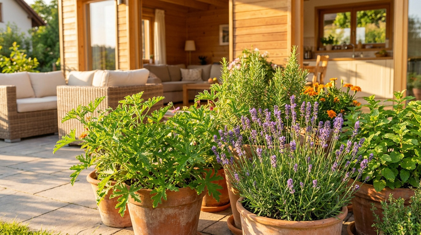 Collection de pots de plantes répulsives incluant lavande, menthe et géranium sur une terrasse ensoleillée.