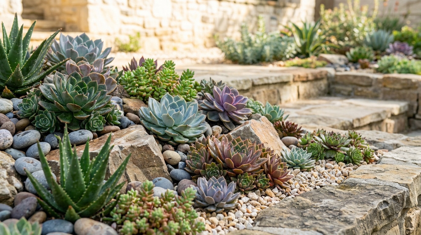 Diverses succulentes et plantes grasses disposées dans un jardin rocailleux ensoleillé.