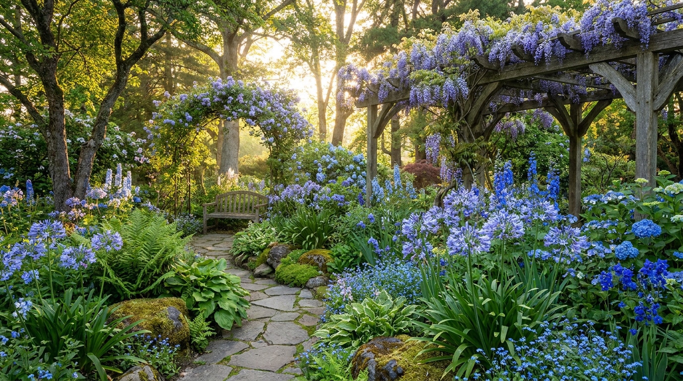 Un chemin en pierre mène à un banc de jardin entouré de fleurs bleues, d'agapanthes et d'une pergola fleurie au soleil.