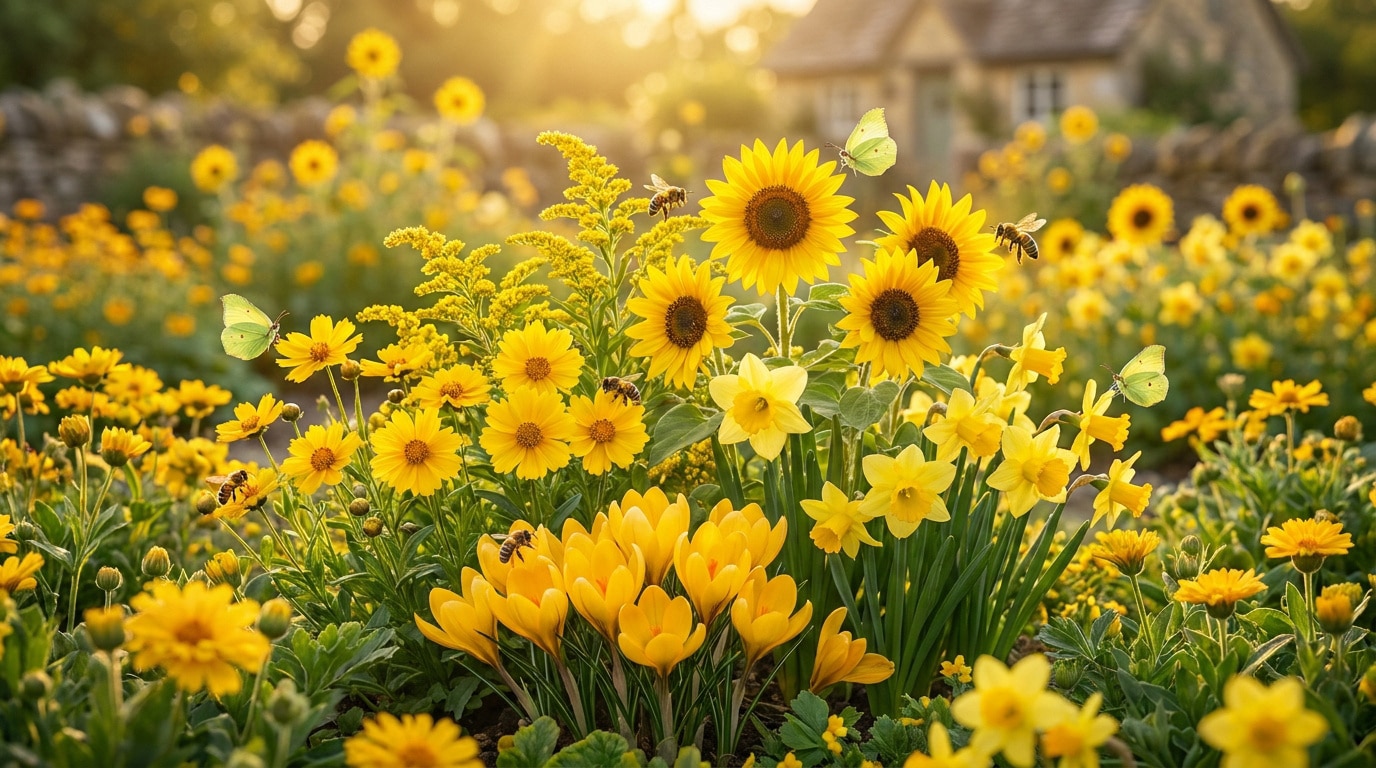 Un jardin baigné de soleil avec des tournesols, des jonquilles et des fleurs jaunes, visité par des abeilles et papillons.