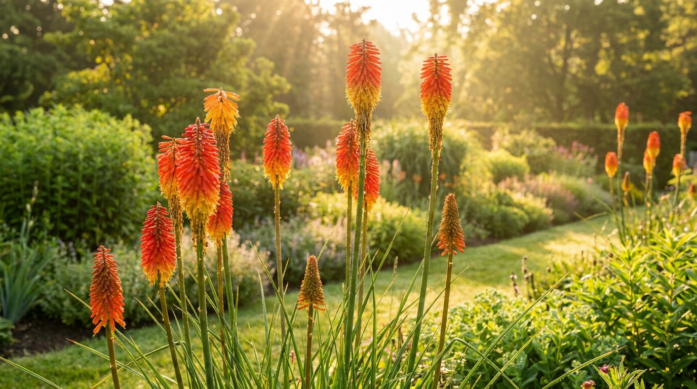 Fleurs de Kniphofia orange et jaune dans un jardin ensoleillé au lever du soleil.