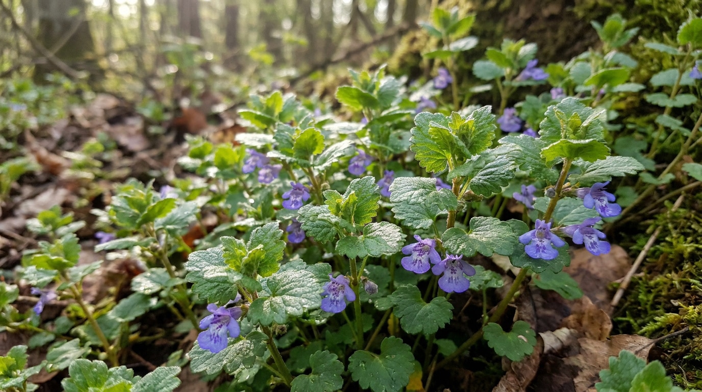 Gros plan sur des fleurs de lierre terrestre aux pétales mauves et feuilles dentelées dans une forêt lumineuse.