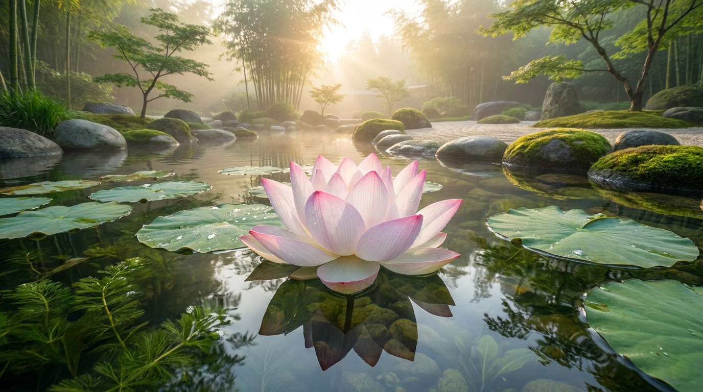 Une fleur de lotus rose et blanche flottant sur un étang paisible dans un jardin zen brumeux au lever du soleil.