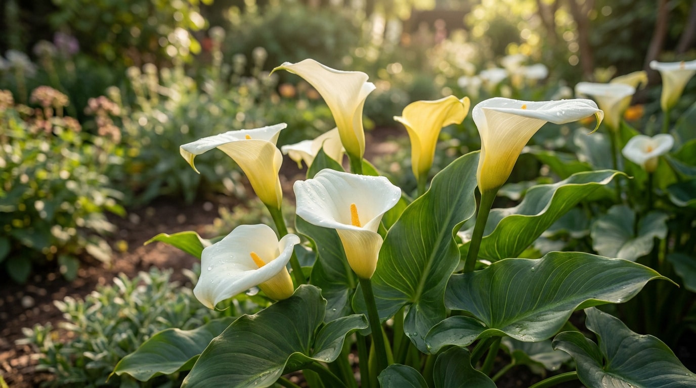 Gros plan sur des fleurs de Calla blanches élégantes avec leurs feuilles vertes dans un jardin ensoleillé.