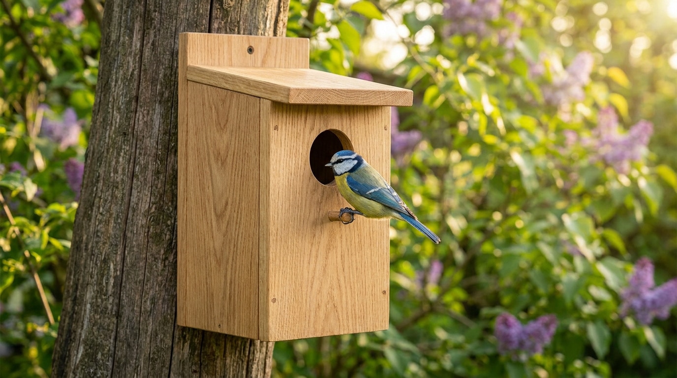 Une mésange bleue posée sur le perchoir d'un nichoir en bois fixé à un tronc d'arbre dans un jardin fleuri.