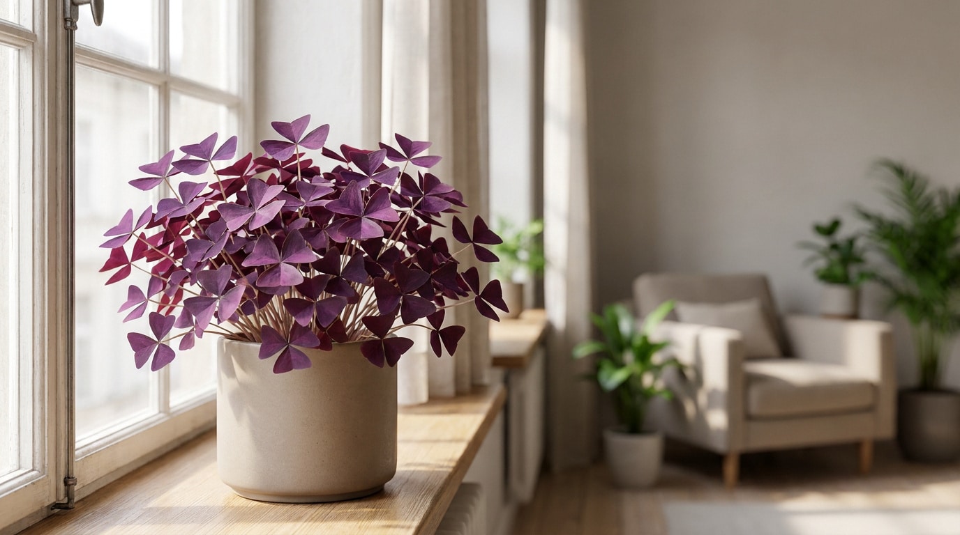 Une plante Oxalis triangulaire aux feuilles pourpres dans un pot en céramique posé sur un rebord de fenêtre en bois.