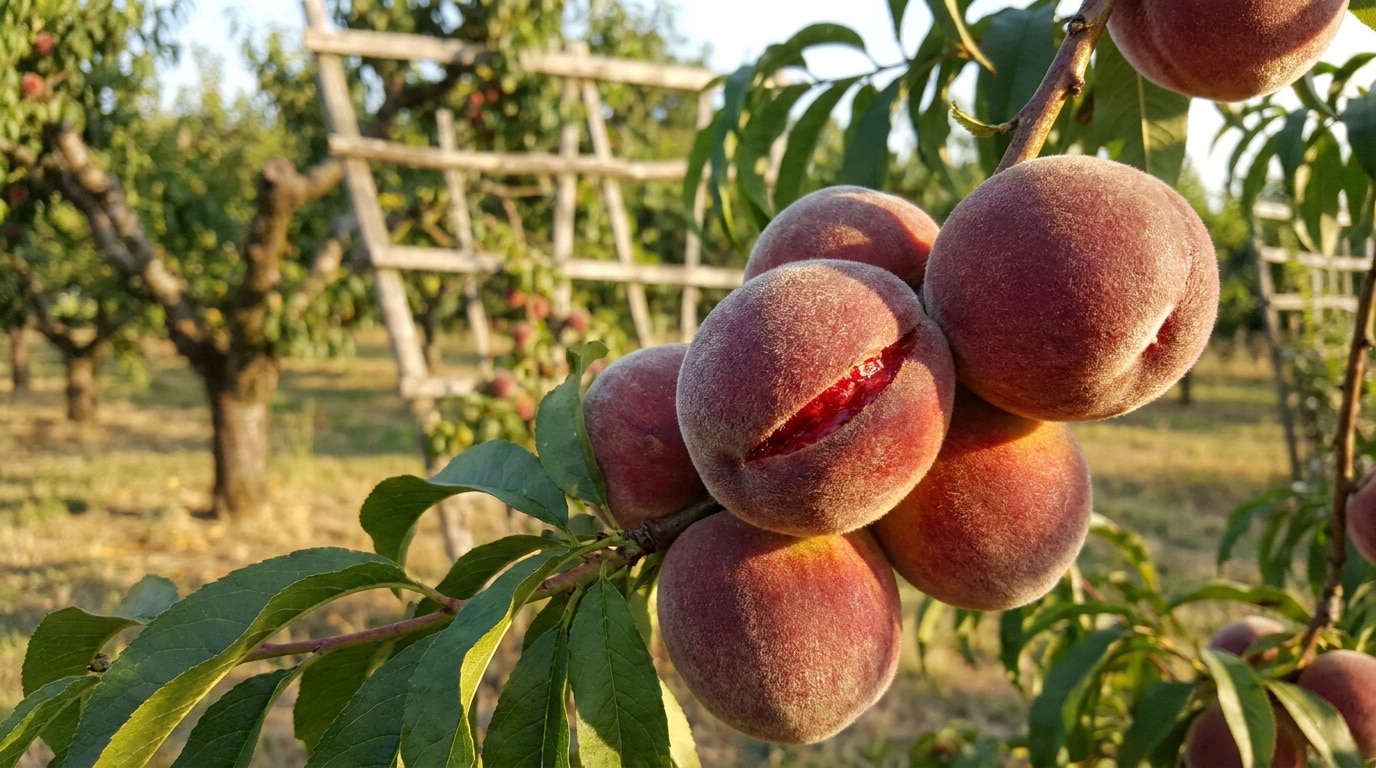 Grappe de pêches de vigne mûres et duveteuses suspendues à une branche dans un verger ensoleillé.