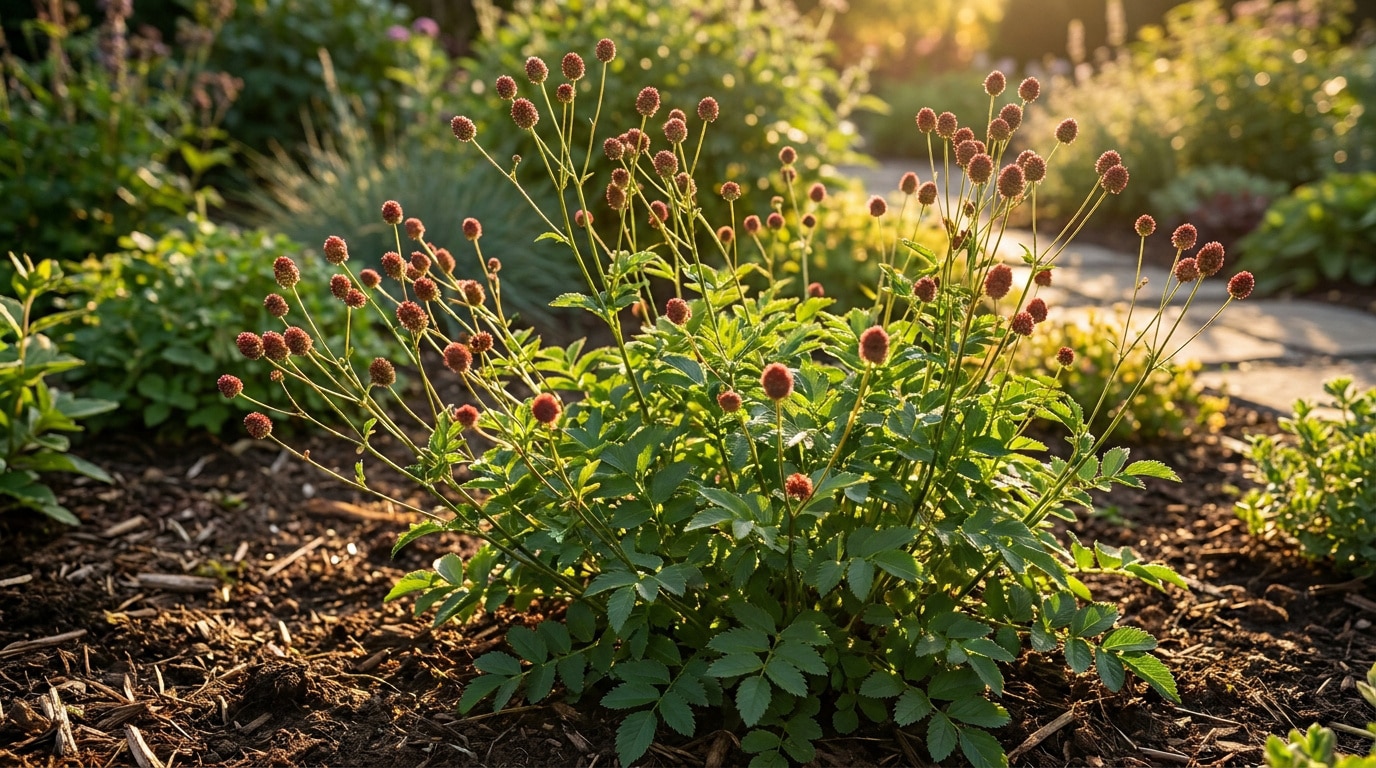 Un plant de pimprenelle avec de petites fleurs rouges en forme de billes dans un jardin ensoleillé.