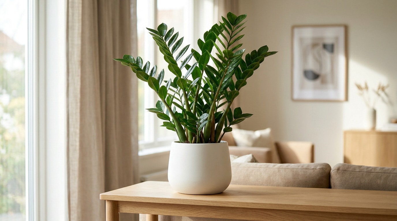 Un Zamioculcas aux feuilles vert brillant dans un pot blanc posé sur une console en bois dans un salon lumineux.