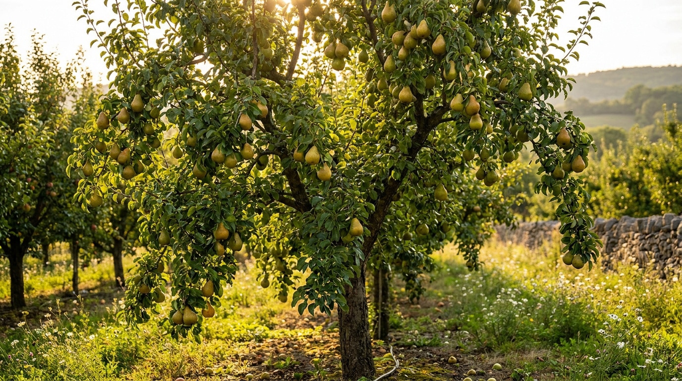 Un poirier chargé de nombreux fruits mûrs dans un verger ensoleillé au coucher du soleil.