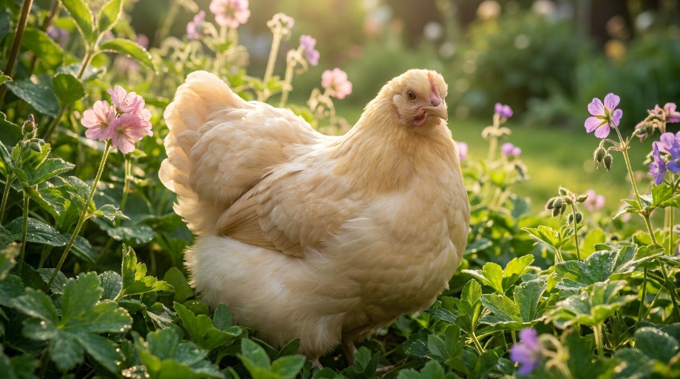 Une poule Pékin au plumage beige clair se tient parmi des fleurs roses et vertes dans un jardin ensoleillé.