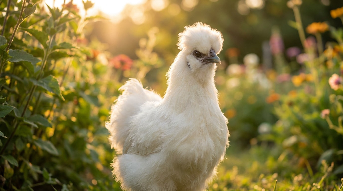 Une poule soie blanche au plumage duveteux dans un jardin fleuri sous une lumière dorée.