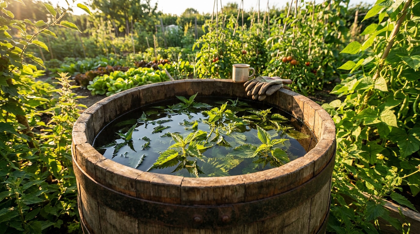 Un tonneau en bois rempli d'orties macérées dans l'eau au milieu d'un potager ensoleillé.