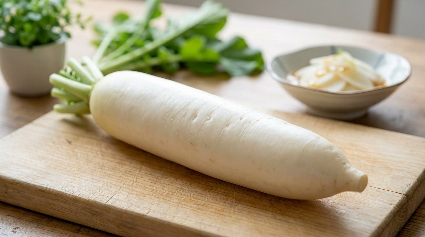 Un radis daikon blanc allongé avec ses feuilles vertes posé sur une planche en bois à côté d'un bol de tranches fines.