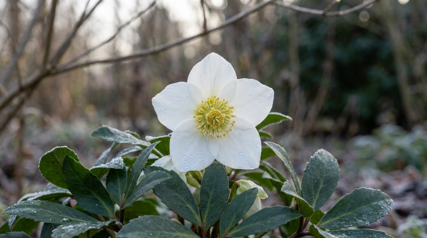 Une fleur blanche de Rose de Noël, parsemée de rosée, entourée de feuillage givré dans un jardin d'hiver.