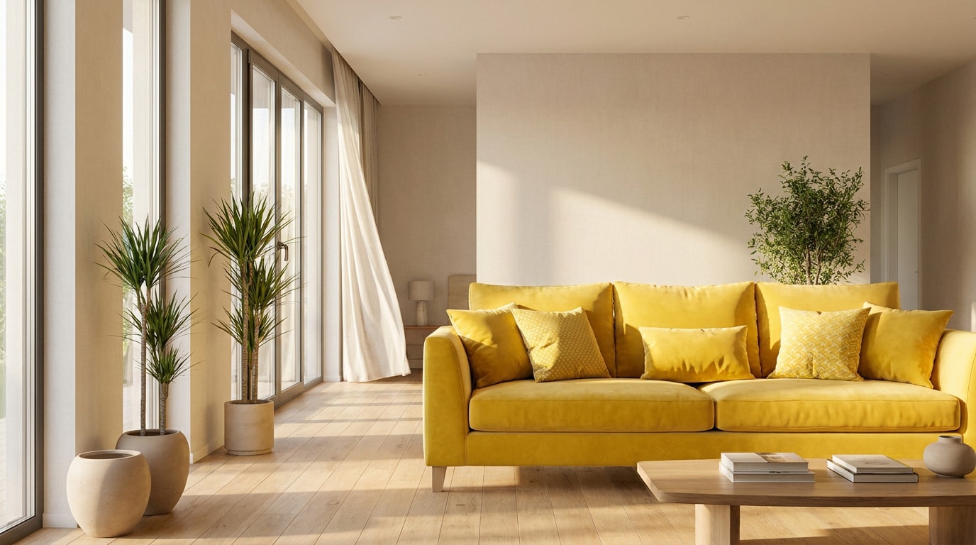 Un salon moderne baigné de lumière avec un grand canapé jaune bouton d'or et des plantes vertes près d'une baie vitrée.