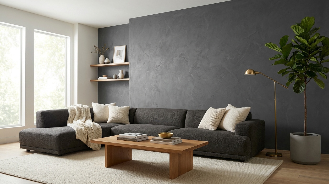Salon moderne avec canapé gris, table basse en bois, grand ficus et mur texturé gris anthracite.