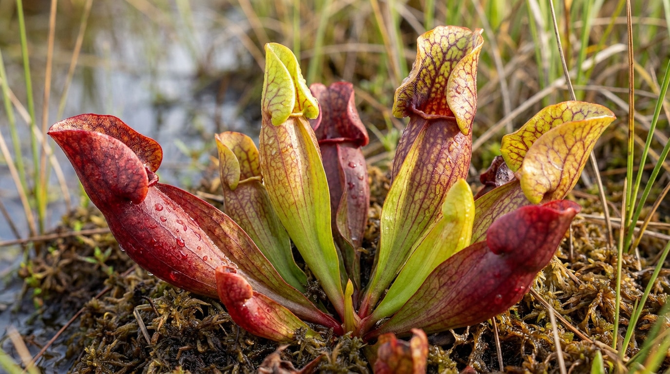 Gros plan sur une plante carnivore Sarracenia aux feuilles en forme d'urnes colorées dans un milieu humide.