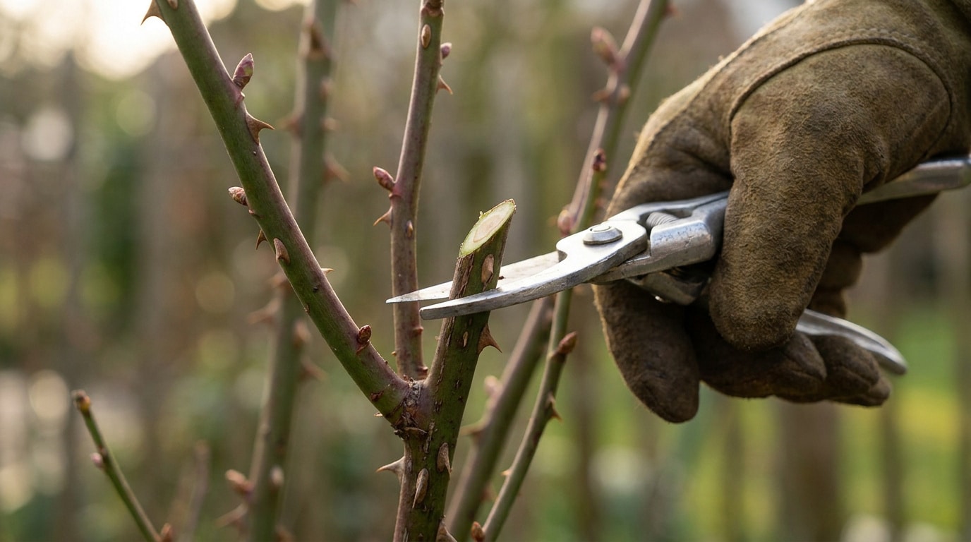 Une main gantée utilisant un sécateur pour tailler une tige de rosier épineuse avec des bourgeons.