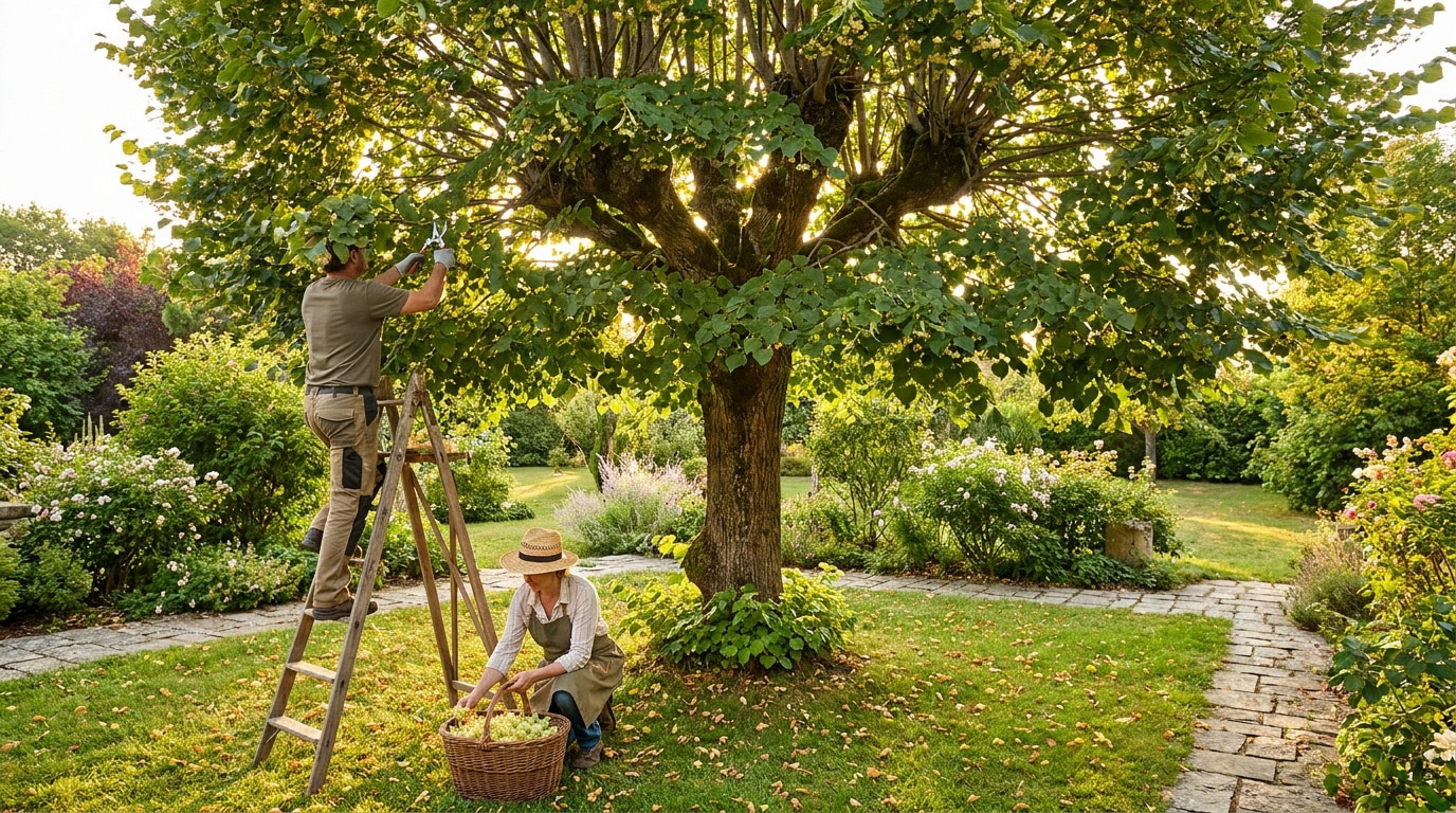 Un couple taille et récolte les fleurs d'un grand tilleul dans un jardin ensoleillé.