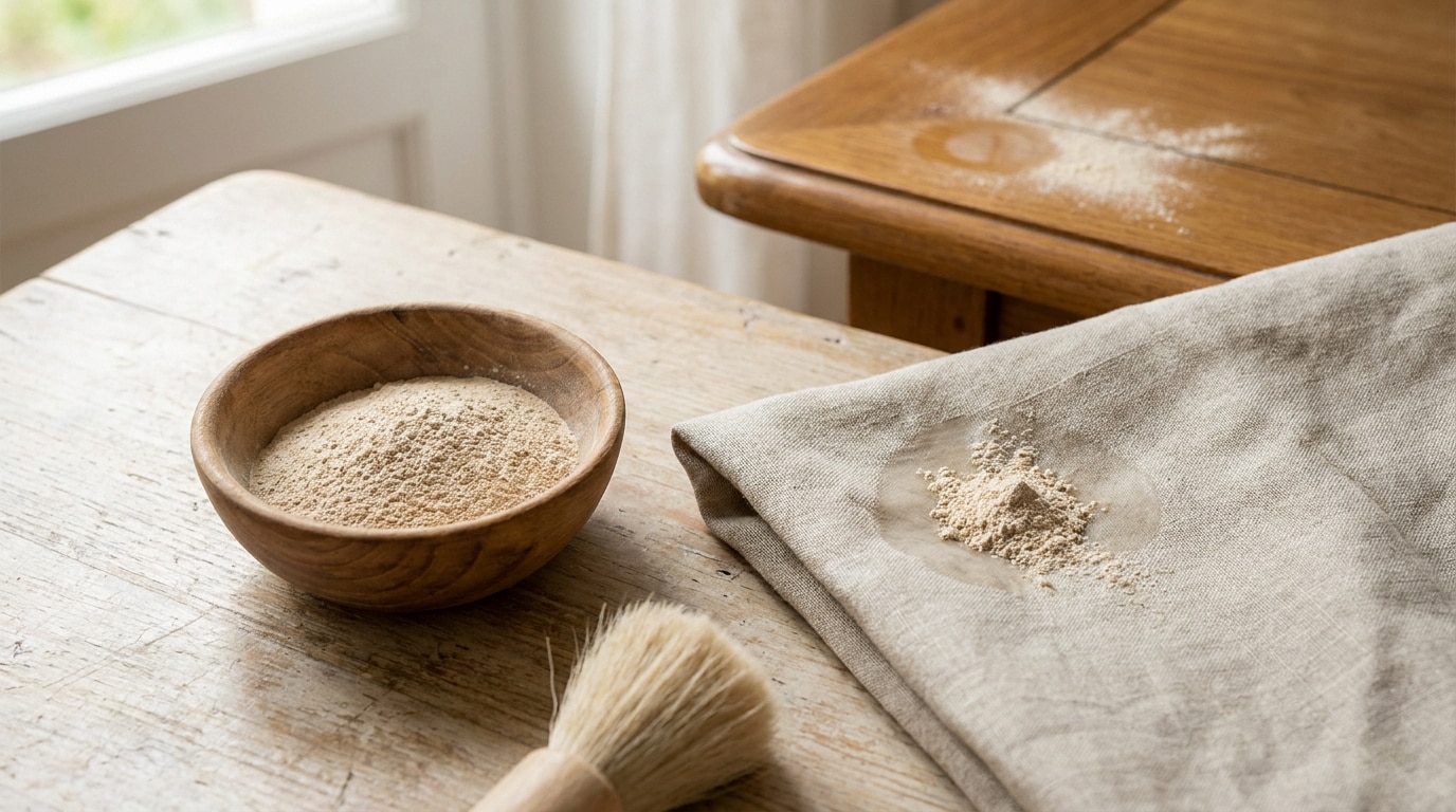 Bol en bois contenant de la terre de sommières à côté d'un tissu et d'une brosse sur une table en bois.