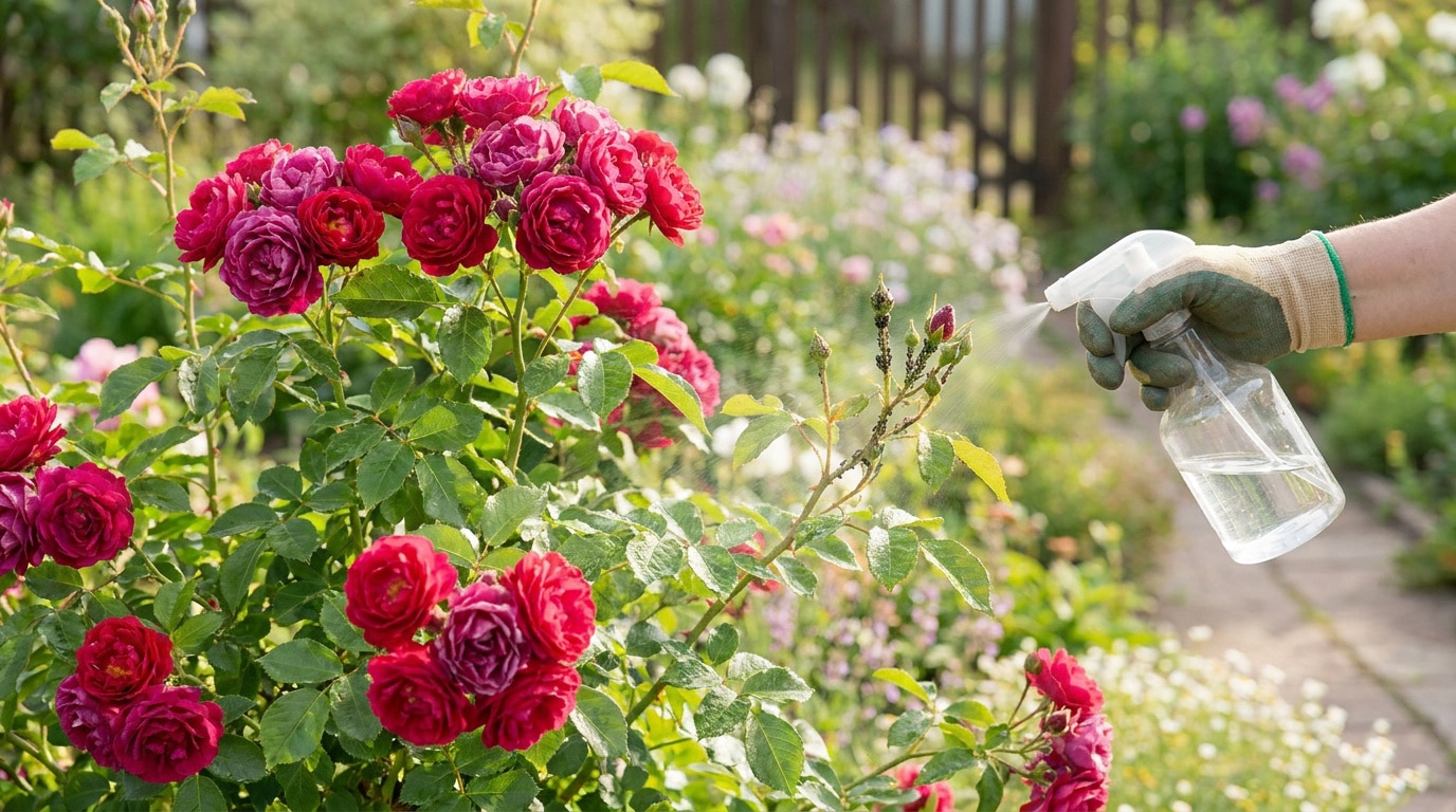 Une main gantée pulvérise une solution naturelle sur des boutons de roses infestés de pucerons dans un jardin.